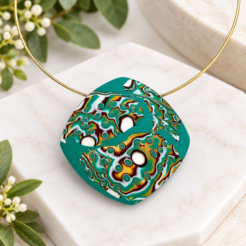 Handmade Jade Green & Gold Polymer Clay Statement Choker Collar Pendant Necklace